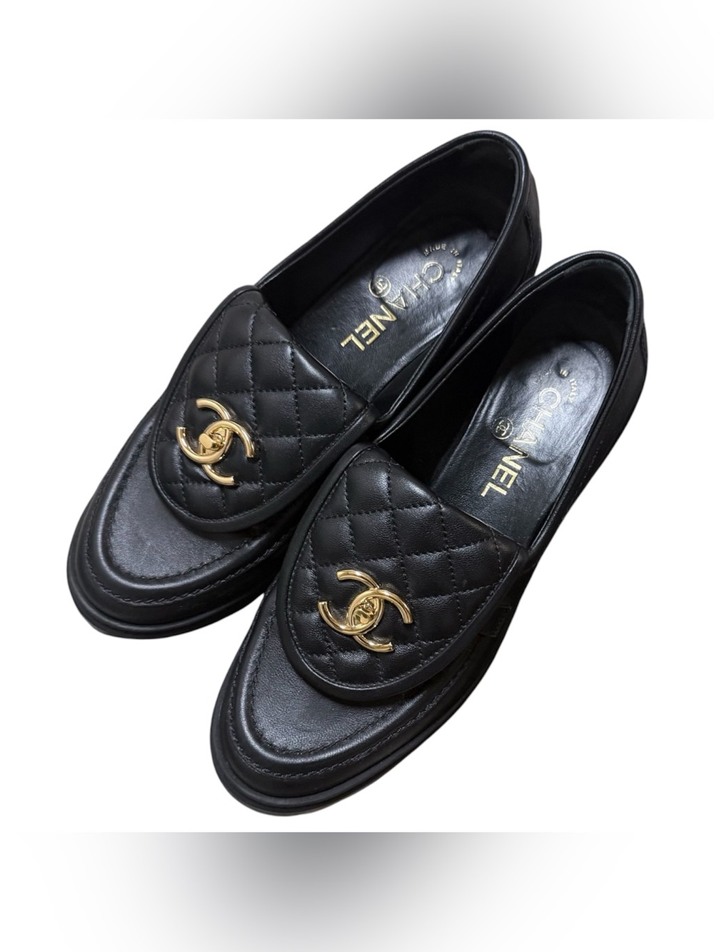 CHANEL Black Quilted Leather Loafers Gold CC Emblem